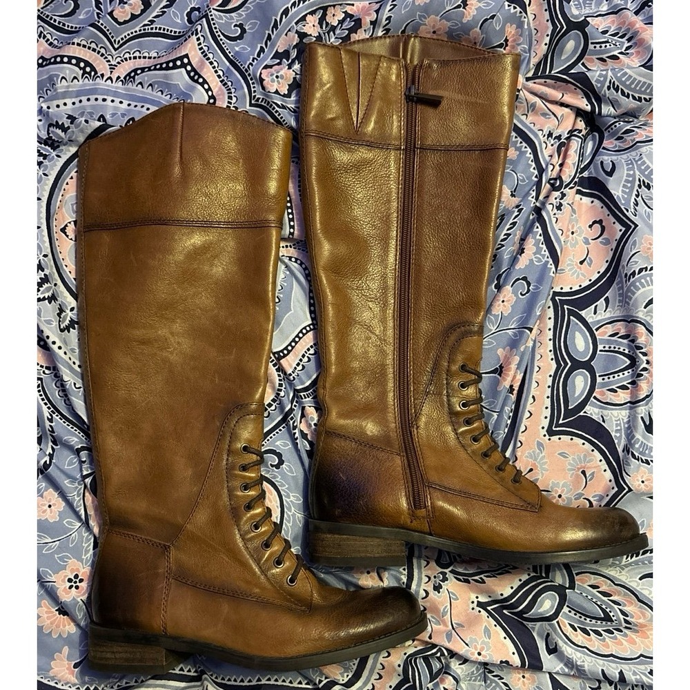 Vince Camuto Kari Lace Up Size Zip Brown Leather Knee High Boots, 6.5